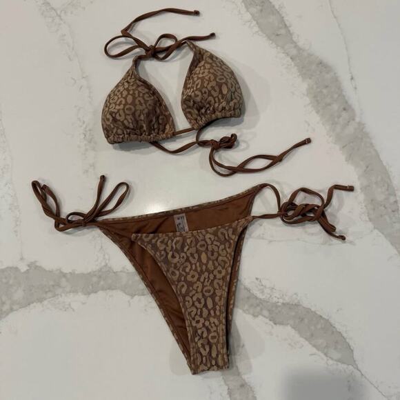SHEIN Sexy Leopard Print Halter Triangle Bikini Set Womens Small Brown/Gold Swim - Picture 1 of 9